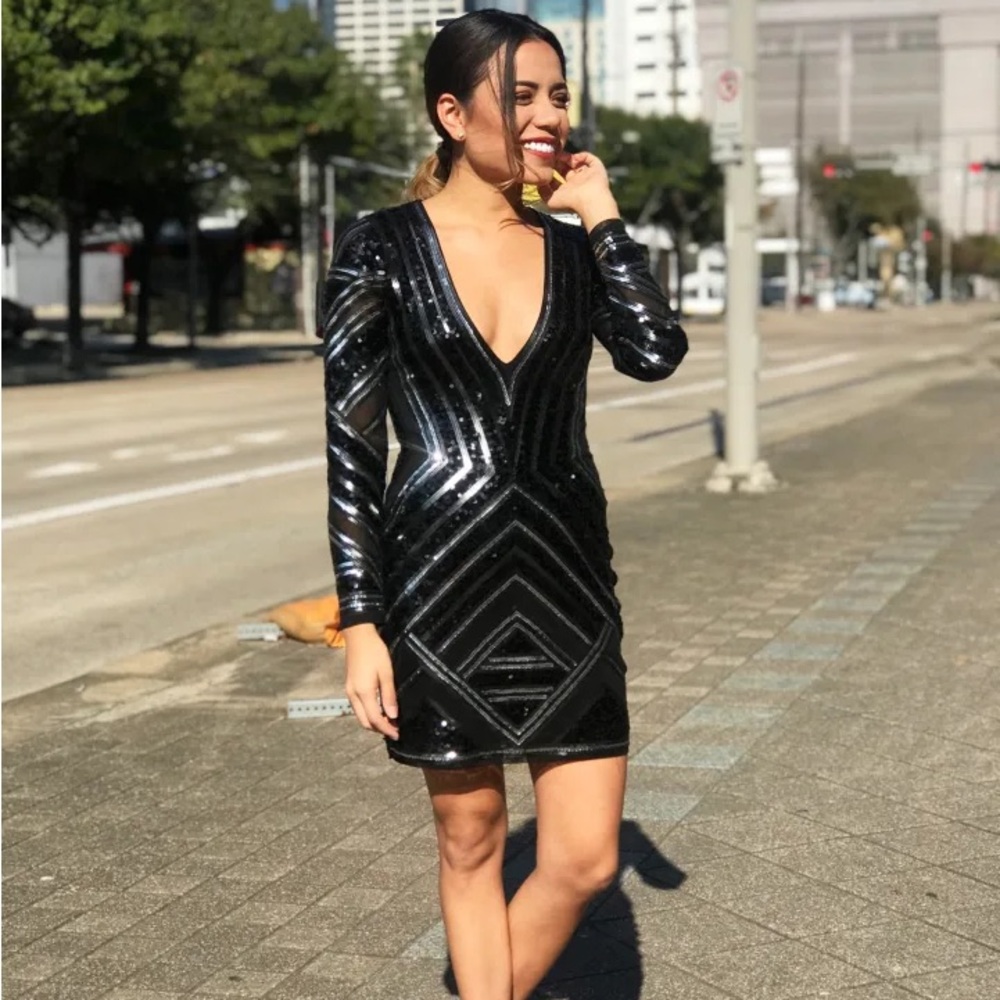 Express Black Sequin Long Sleeve Dress
